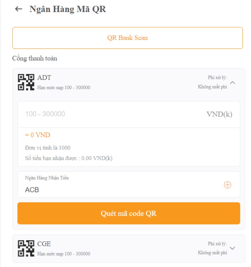 Nạp tiền Daga, Điều kiện và các bước nạp tiền Daga cực nhanh Nạp tiền Daga bằng mã quét QR