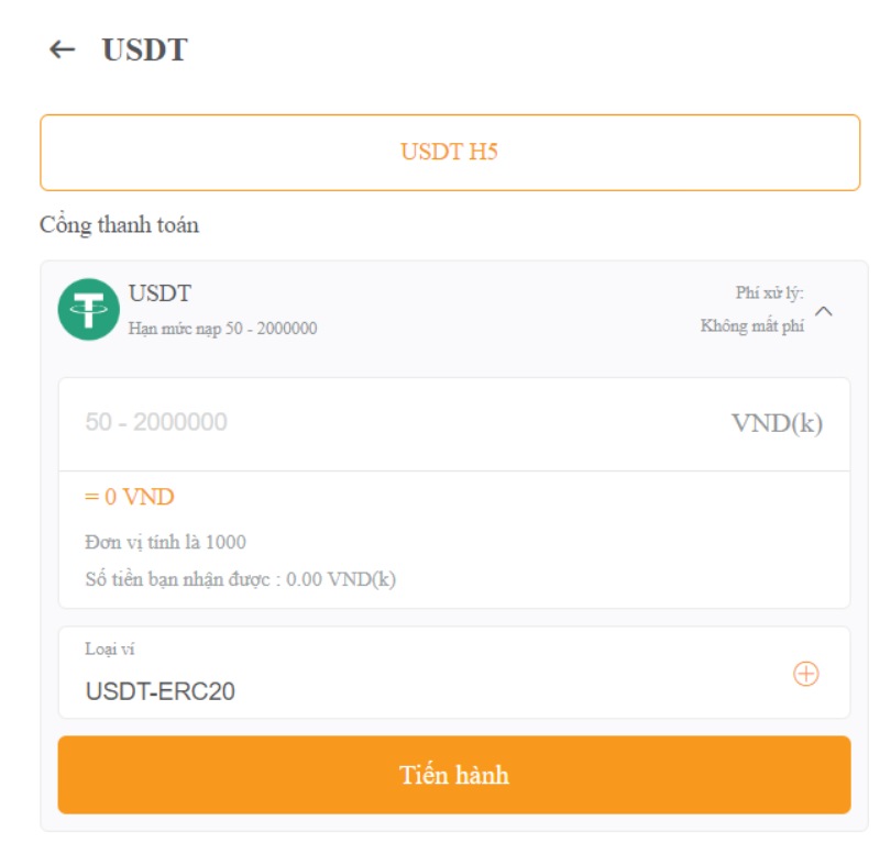 Nạp tiền Daga, Điều kiện và các bước nạp tiền Daga cực nhanh Phương pháp sử dụng cổng thanh toán USDT được thực hiện đơn giản
